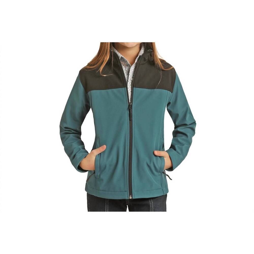 NEW POWDER RIVER kids unisex performance softshell jacket in teal/black